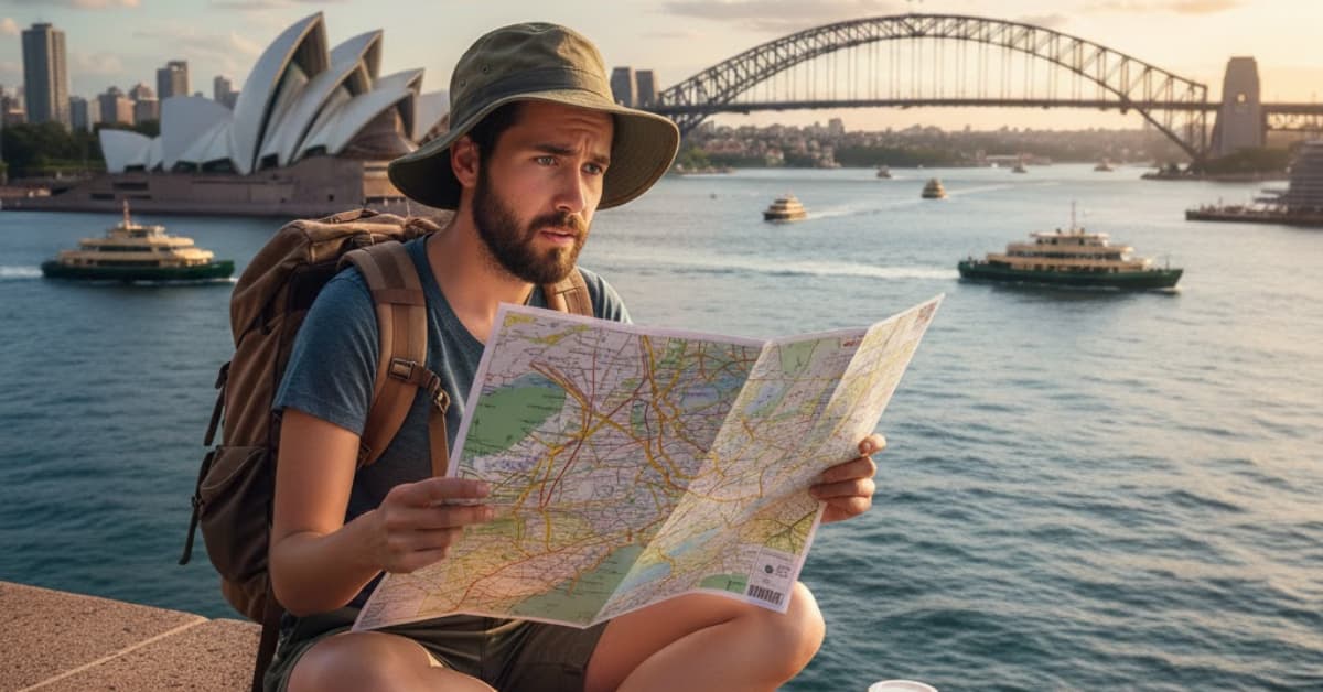 Backpacker at Sydney Harbour with map open, looking slightly overwhelmed while planning their TheLowDownUnder Travel Australia adventure.