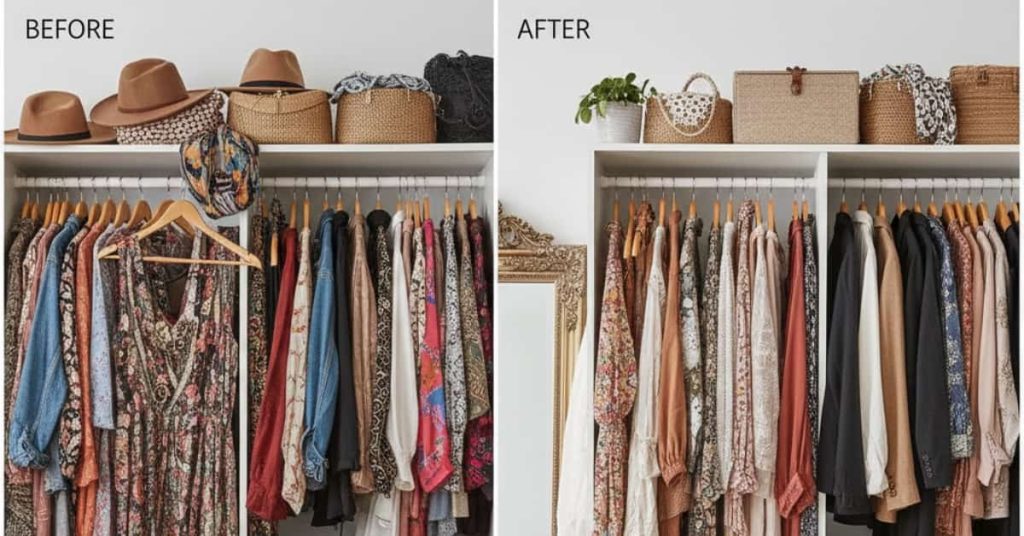 "Before-and-after wardrobe comparison showing messy, chaotic clothes on one side and neatly organized trendy outfits on the other."