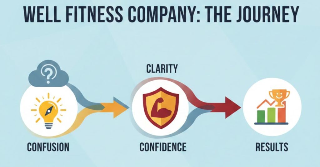 Flowchart illustrating emotional journey at Well Fitness Company: Confusion → Clarity → Confidence → Results.”