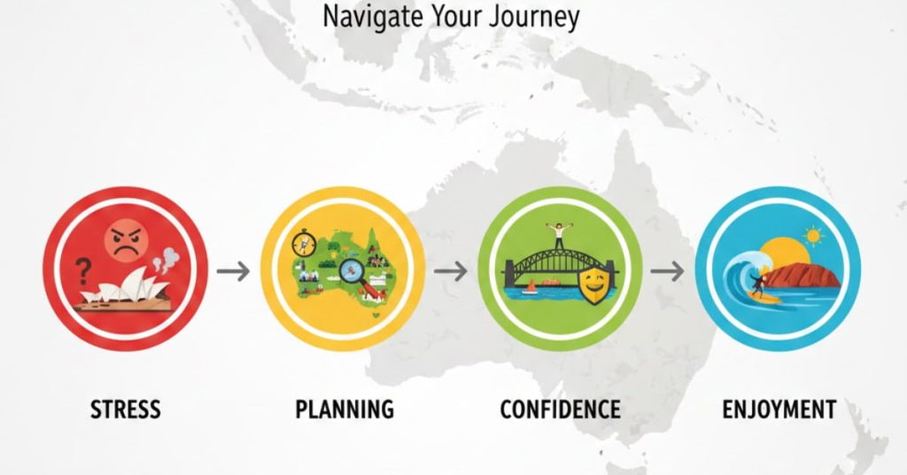 Infographic illustrating the emotional journey of Australia travel from stress to enjoyment—Stress → Planning → Confidence → Enjoyment—with Australian landmarks as icons for TheLowDownUnder Travel.