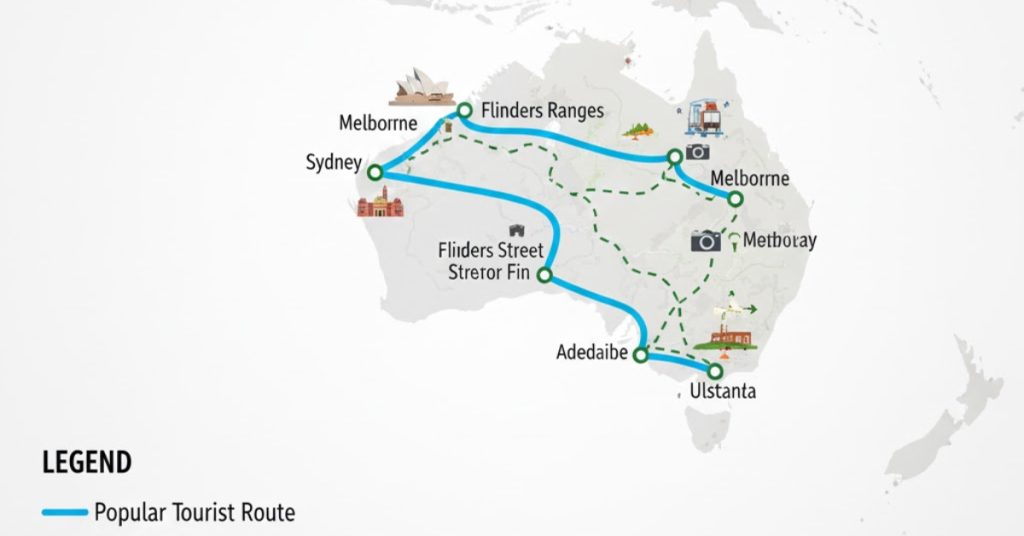 Map comparing a popular tourist route with a hidden scenic route in Australia, highlighting lesser-known spots for authentic TheLowDownUnder Travel experiences.