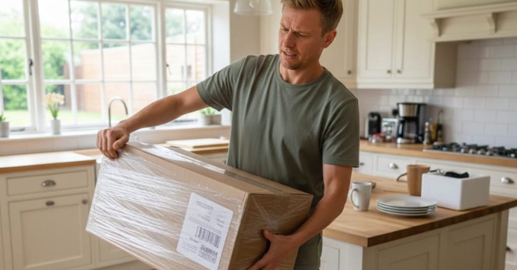 Person holding a delivered package, looking slightly frustrated, standing in a casual home setting."