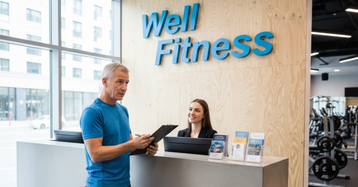 Person looking confused at Well Fitness gym reception, holding a clipboard, trying to understand membership options.”