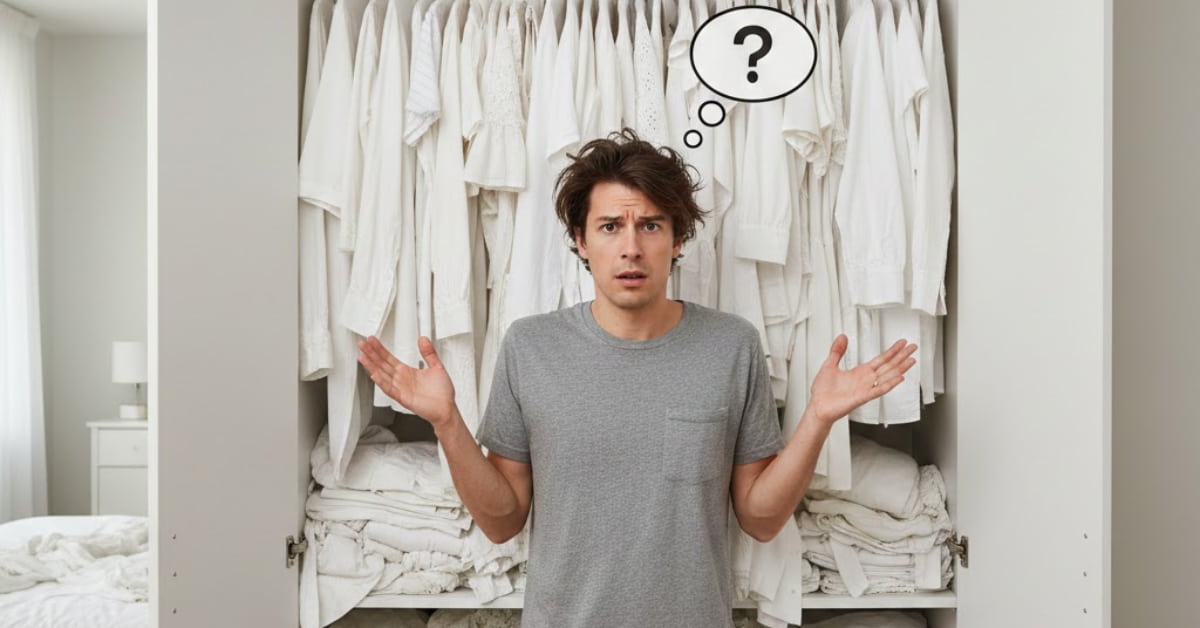 Fashion White 2125 Person standing in front of a wardrobe full of white clothes, looking confused and overwhelmed while choosing a white outfit