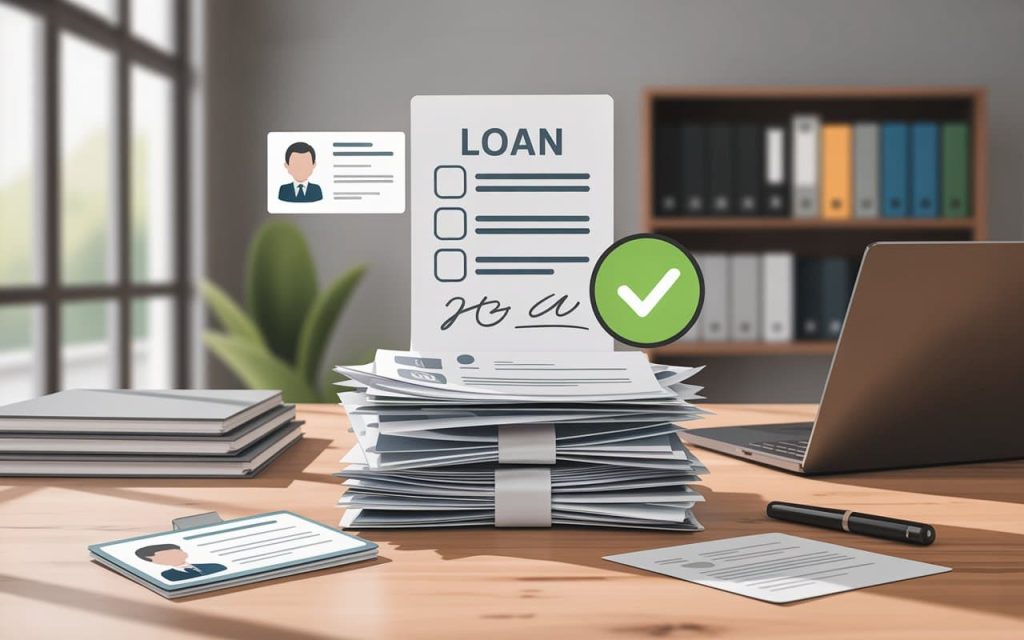 "Stack of documents and ID cards with a digital checkmark, symbolizing easy and minimal documentation for loan approval, paperless loan concept, modern office setup, bright lighting, realistic digital style"