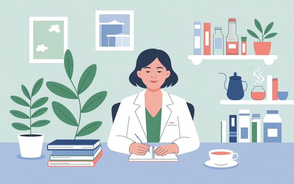 Pharmacist mother sitting quietly with a notebook and tea, peaceful and reflective mood