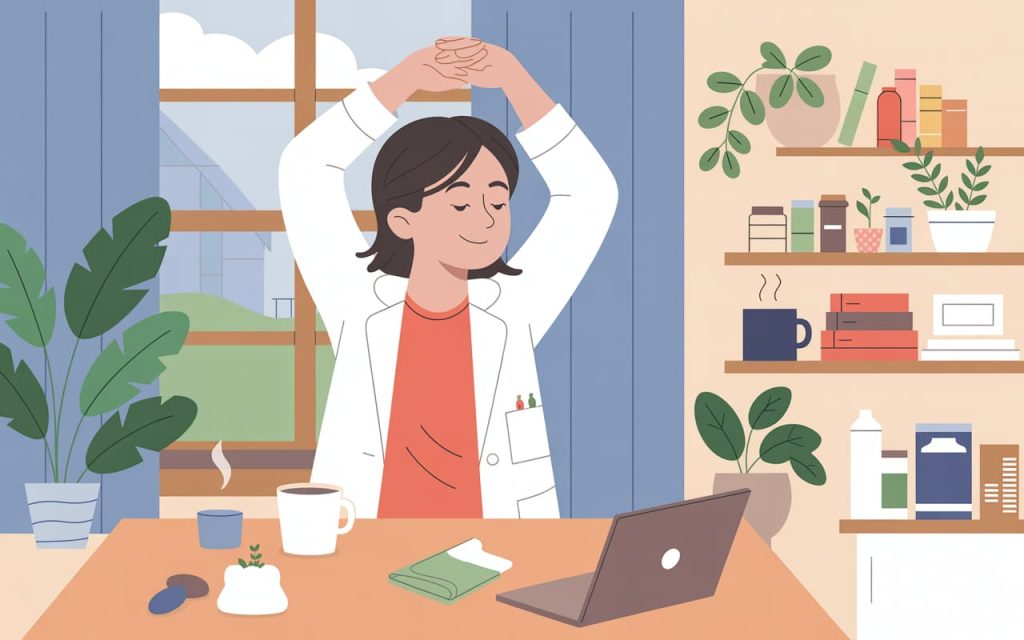 Morning routine of a pharmacist mom stretching near a window while holding a coffee mug, calm and natural atmosphere