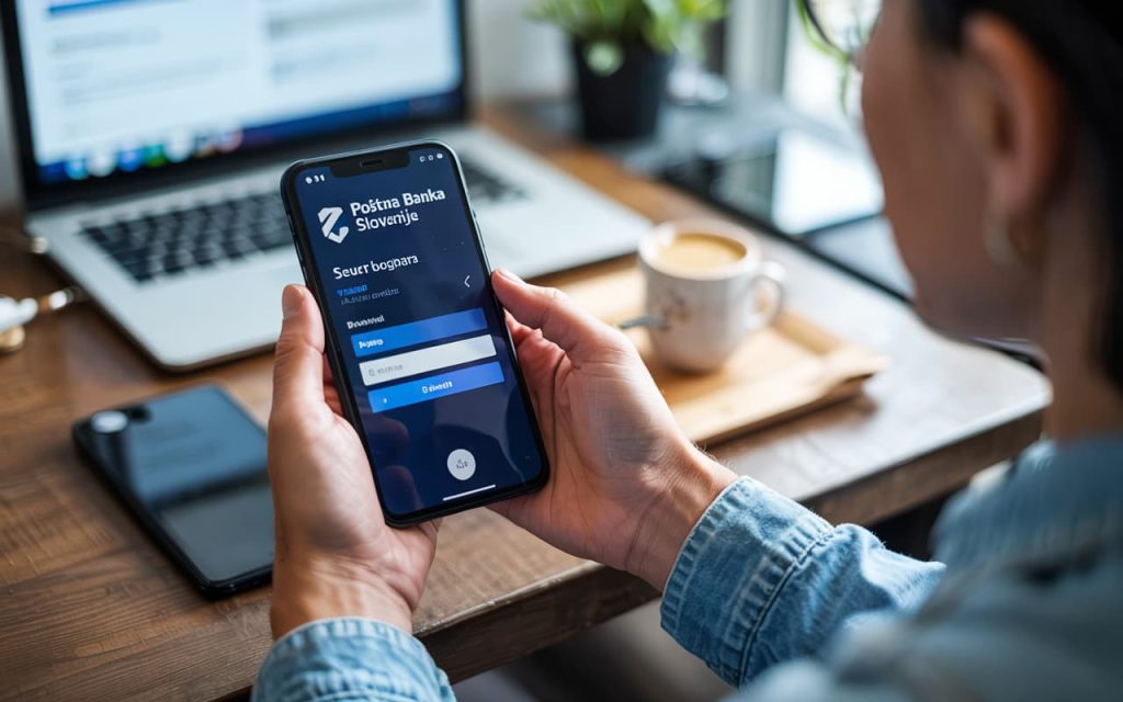 “Person using Poštna banka Slovenije mobile app on smartphone, showing secure login and dashboard overview”
