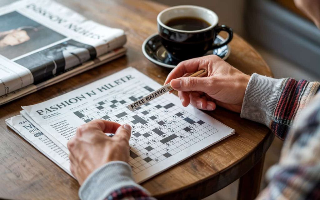 Person solving a crossword puzzle at a wooden table, coffee cup beside newspaper, clue highlighted “fashion plate maybe”, calm morning atmosphere, realistic illustration, warm tones, lifestyle editorial look