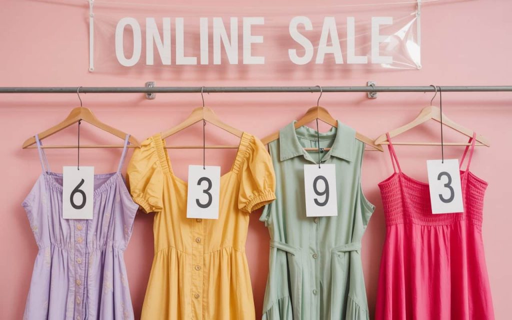 Online sale banner showing trendy dresses with price tags, bright colors, shopping vibe, Pinterest-style aesthetic.