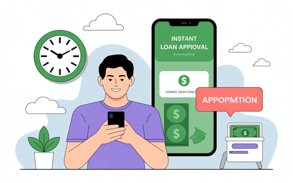 A digital clock and smartphone showing instant loan approval notification, young person smiling while receiving money online, modern digital banking theme, bright and optimistic, realistic style"