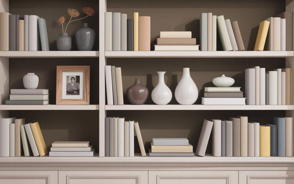 Bookshelf with neutral-colored books, vases, and a framed photo.
