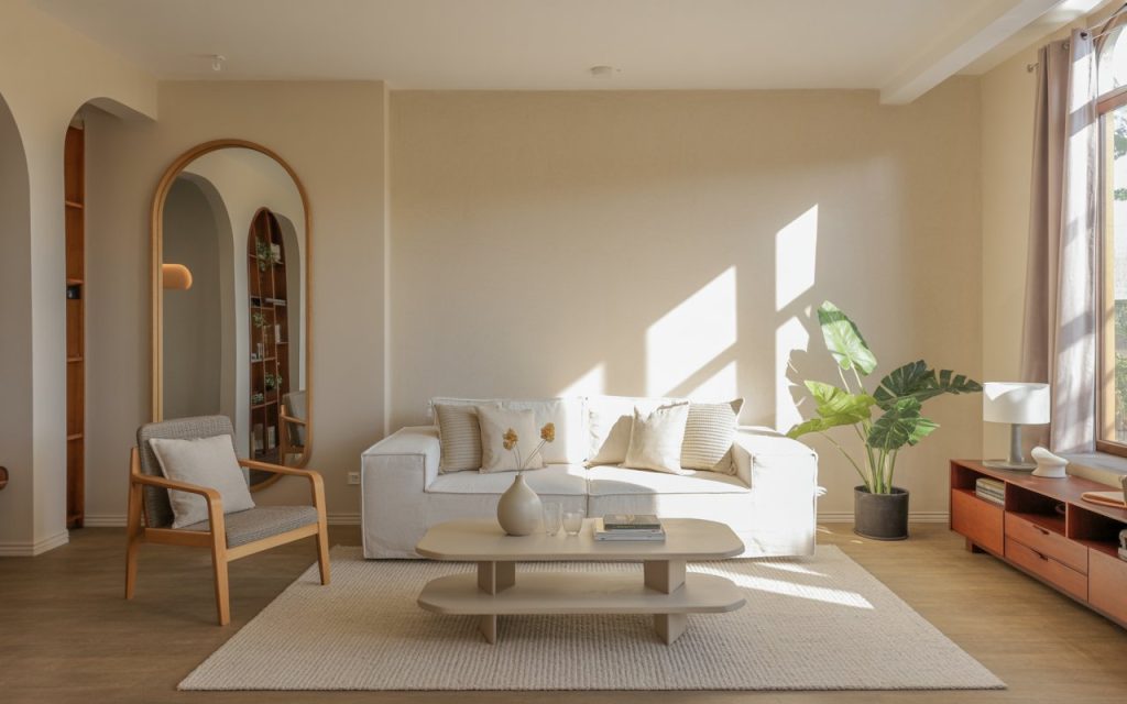 Small modern living room with large wall mirror reflecting sunlight, neutral color palette, minimalist furniture