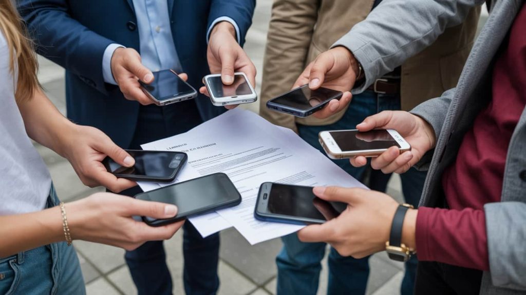 People standing together holding phones and legal documents, symbolizing collective action and consumer rights.