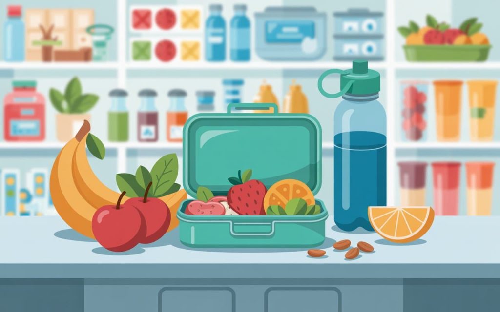 Healthy packed lunch box on a pharmacy counter with fruits, nuts, and water bottle