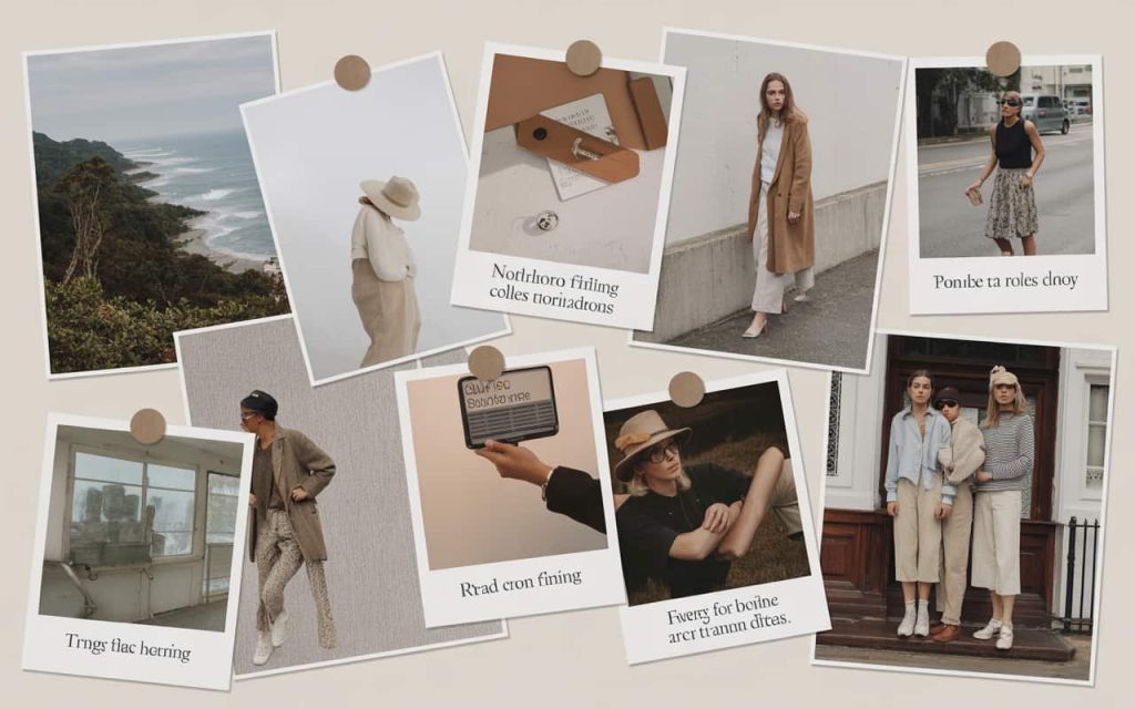 "Digital mood board featuring snapshots from past NorthShore Timing collections, pinned with notes and styling ideas."