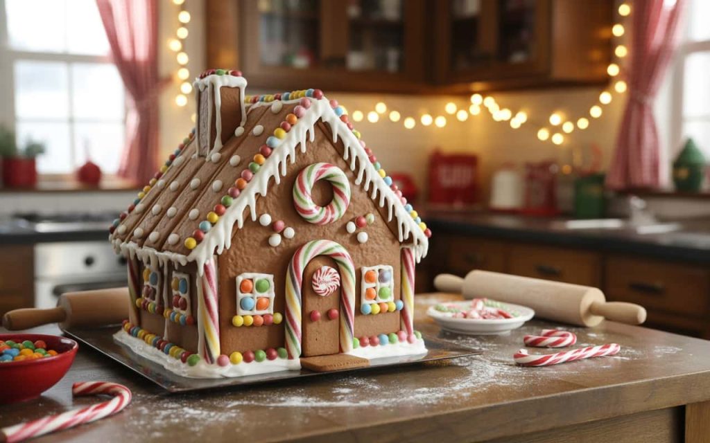 “Child-friendly gingerbread house with edible candy decorations, colorful icing, safe holiday treats, cozy Christmas kitchen”