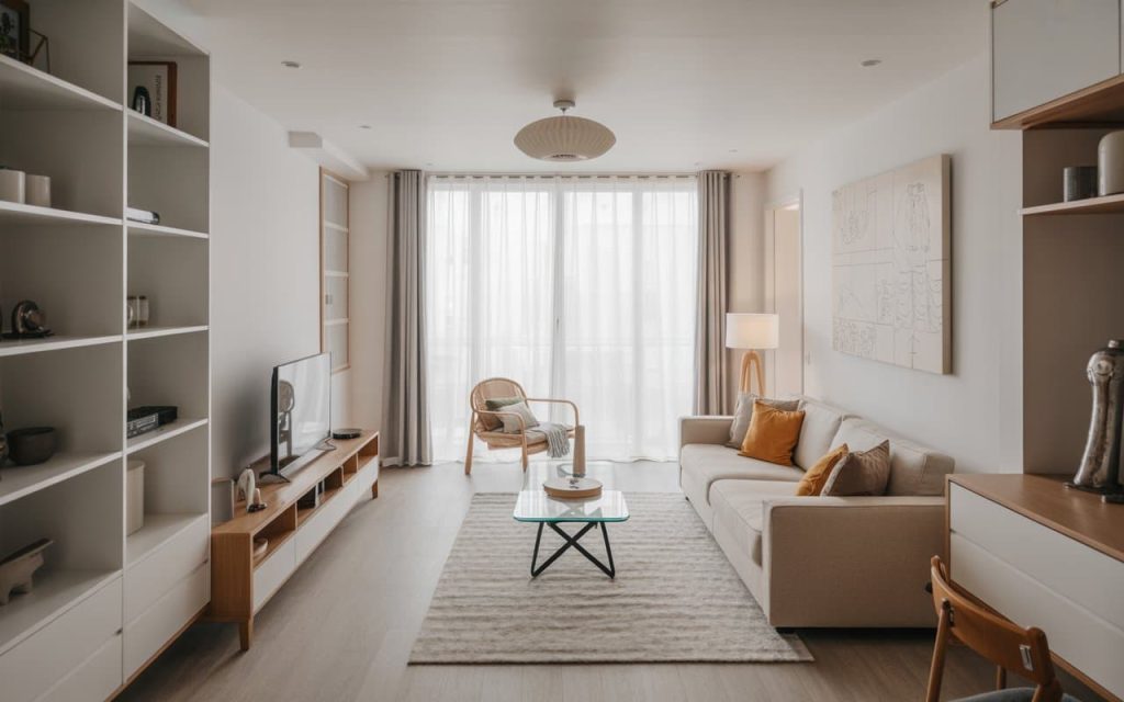 Open layout small living room with clear walking space, minimal furniture, modern cozy style