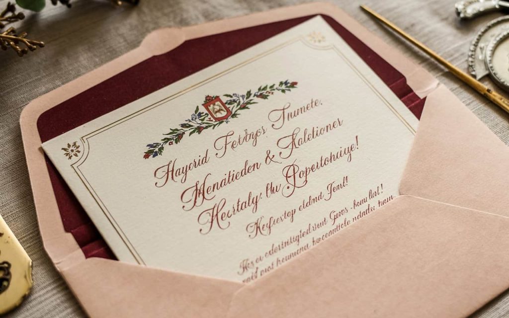 Close-up of a classic old fashioned invitation enclosure inside a traditional envelope, showcasing layered cards, textured paper, and elegant typography, soft shadows, vintage aesthetic