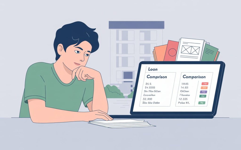 Laptop displaying loan comparison charts, student analyzing numbers seriously