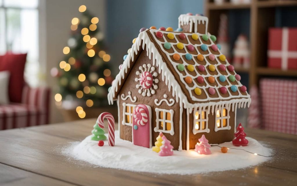 “Whimsical gingerbread house with bright candy roof, edible glitter snow, glowing fairy lights inside, colorful holiday decorations, playful Christmas theme”