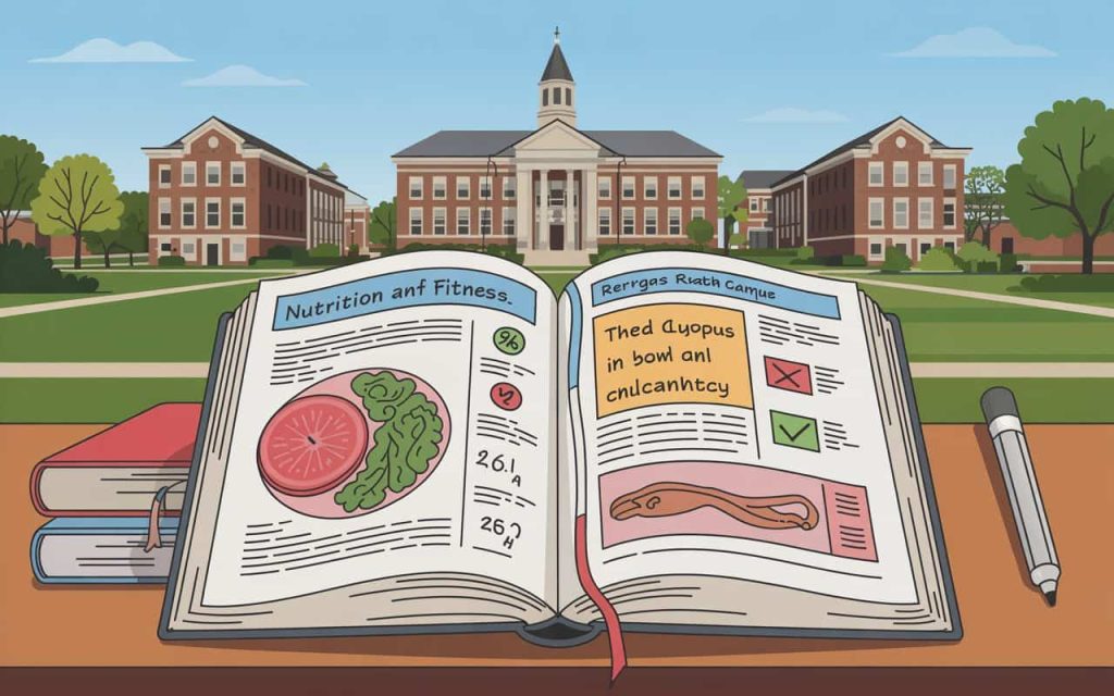 Open textbook with highlighted notes, diagram of nutrition and fitness, Rutgers University campus in background, realistic style”