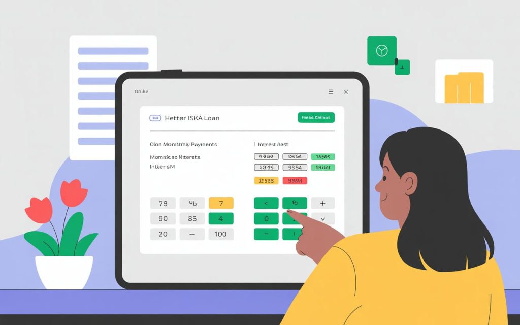 Illustration of a person using an online EMI calculator on a tablet, showing monthly payments and interest rates for Heter Iska Loan, clear numbers on screen, financial planning concept, infographic style, vibrant colors"