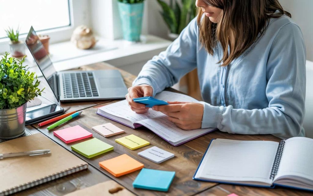 “Student using mind maps and flashcards, healthy lifestyle concept icons, organized study desk, bright natural lighting, realistic style”