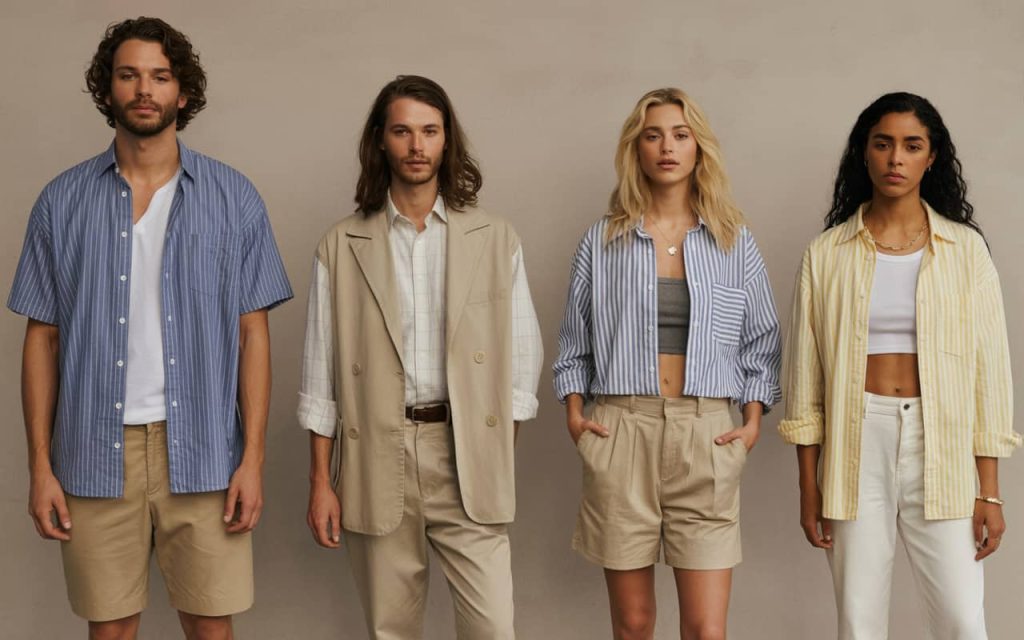 "High-resolution NorthShore Timing lookbook page showing models wearing coordinated outfits, with soft lighting and a modern aesthetic."