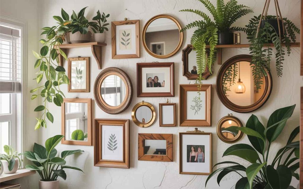 Gallery wall with DIY frames, mirrors, and indoor plants enhancing a home interior.