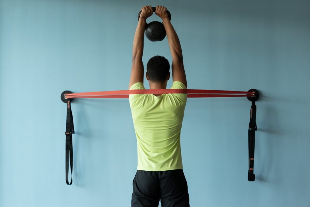 Person performing band-assisted kettlebell swing, bands anchored to wall, emphasizing controlled motion and resistance.