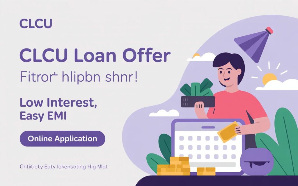 "Promotional banner showing CLCU loan offer, highlighting low interest, easy EMI, and online application"