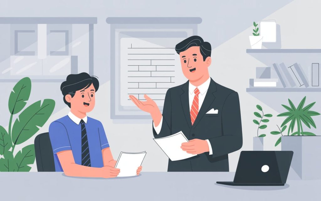 "Illustration of a friendly banker explaining CLCU loan to a young student in a modern office environment"