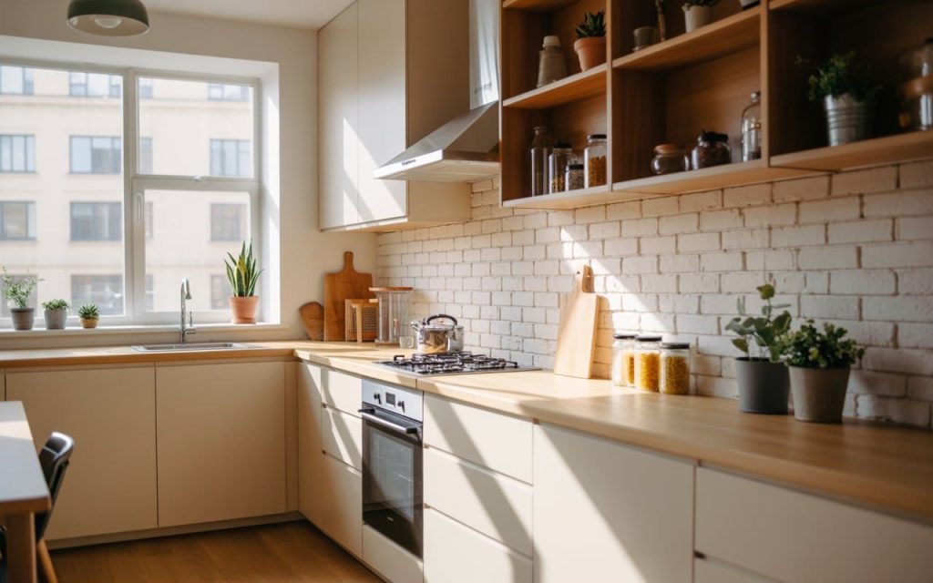 Modern apartment kitchen with open wooden shelves, white cabinets, glass jars, small potted plants, bright natural light, minimal and stylish Pinterest aesthetic
