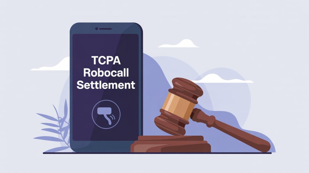 Illustration of a gavel next to a phone with “TCPA Robocall Settlement” text, symbolizing legal action against automated calls.