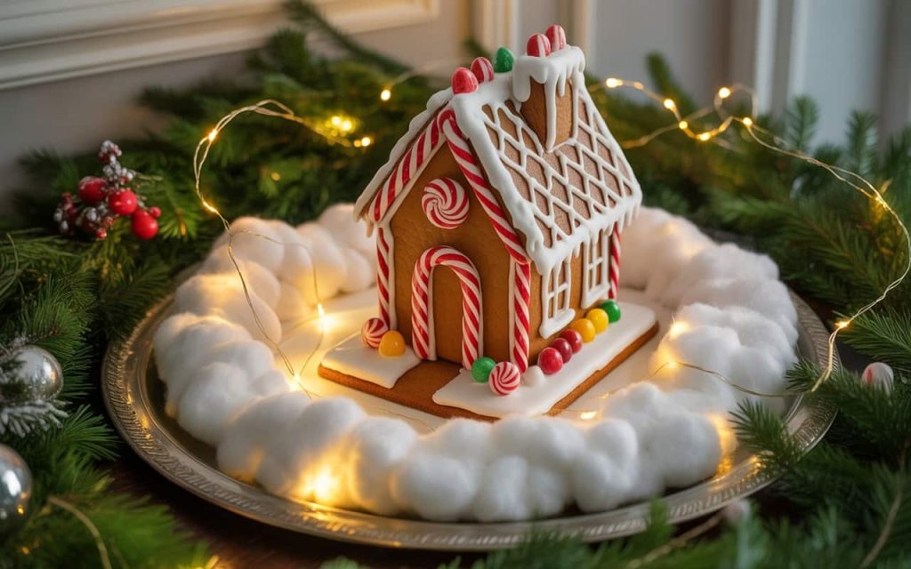 “Beautifully displayed gingerbread house on a holiday tray, surrounded by cotton snow, fairy lights, pine garlands, festive Christmas setting”
