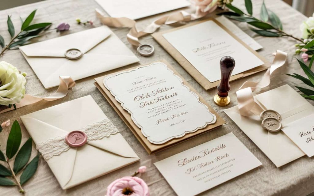 Collection of classic stationery materials for old fashioned invitation enclosures: cotton paper, parchment, linen cardstock, wax seals, silk ribbons, lace wraps, neutral pastel color palette, arranged elegantly on table
