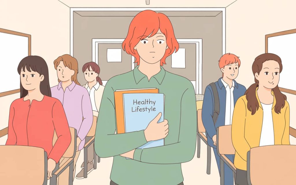 Student entering exam hall, holding healthy lifestyle notes, bright morning, confident expression, realistic style”