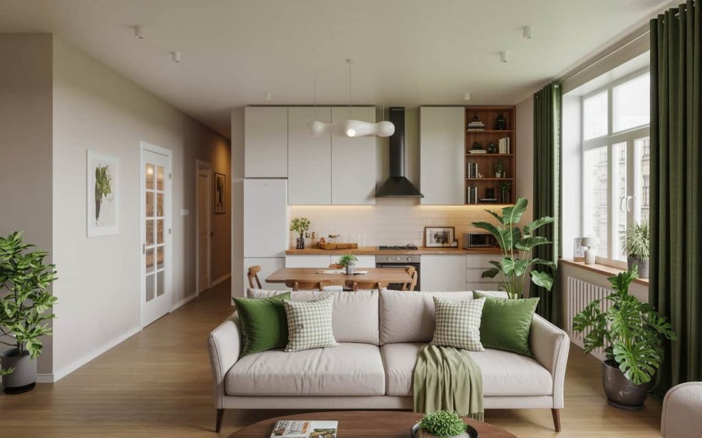 Apartment living room and kitchen with indoor plants, green accents, natural light, modern cozy interior, Pinterest-inspired home décor