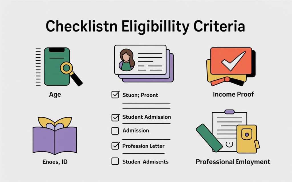 "Checklist showing eligibility criteria: age, ID, income proof, student admission letter, professional employment documents"