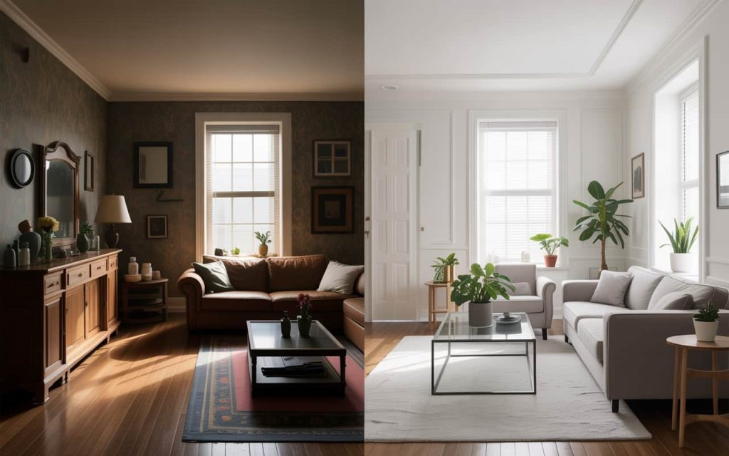 Before-and-after home decor transformation showing a room refreshed with light paint and minimal furniture.