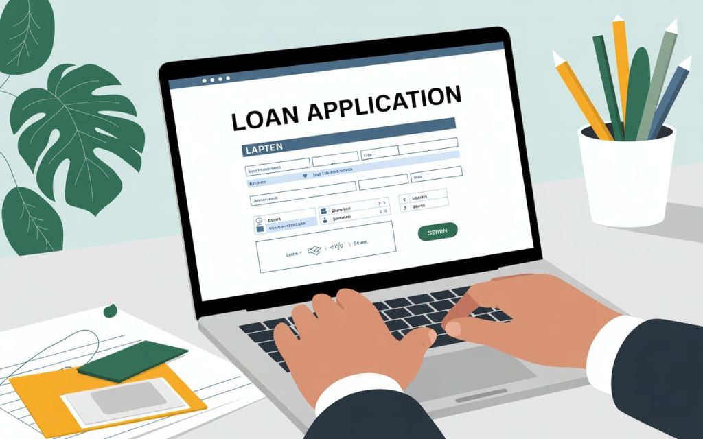Close-up of hands typing a loan application on a laptop, clean modern workspace