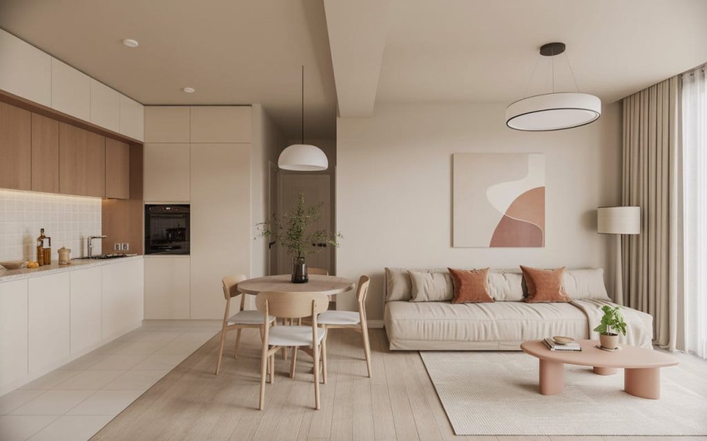 Minimalist apartment living room and kitchen with clean surfaces, neutral tones, personal decor accents, bright and airy Pinterest-inspired interior