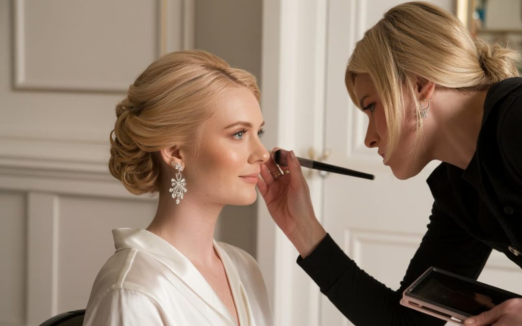 “Mother of the bride getting ready, makeup artist applying makeup, elegant hairstyle being styled.”