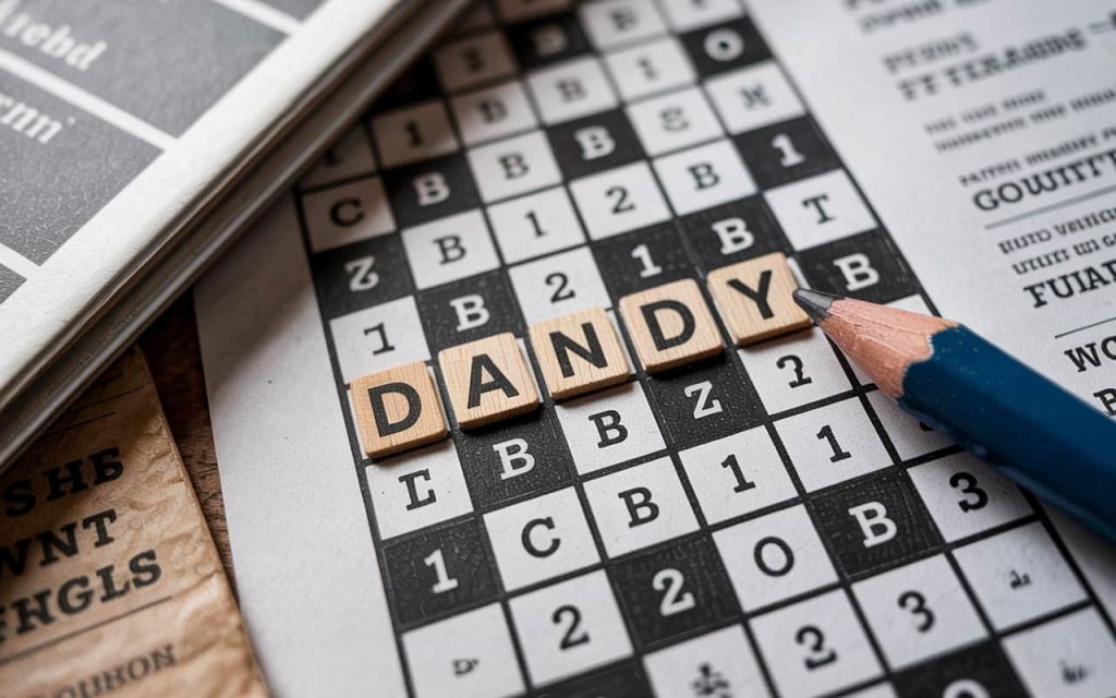 Close-up view of a crossword puzzle grid with the word “DANDY” filled in, pencil nearby, newspaper texture, realistic style, sharp focus, soft shadows, intellectual and puzzle-solving mood, high quality
