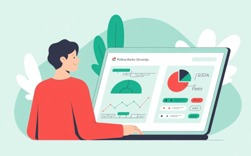 “Illustration of a person comparing Poštna banka Slovenije account options on a laptop, clear charts showing interest rates and fees”
