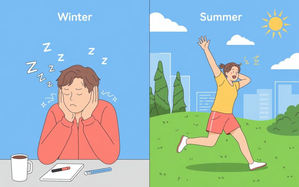 Side-by-side image showing a person sleepy in winter and energetic in summer at work or exercising.