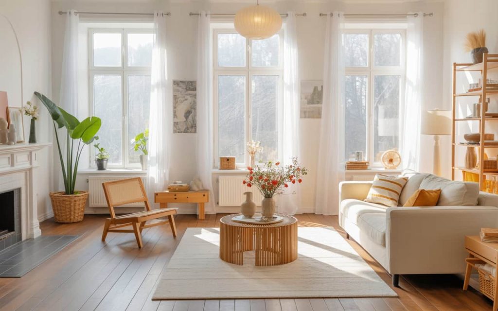 Bright living room with sheer white curtains, sunlight coming through large windows, cozy modern decor