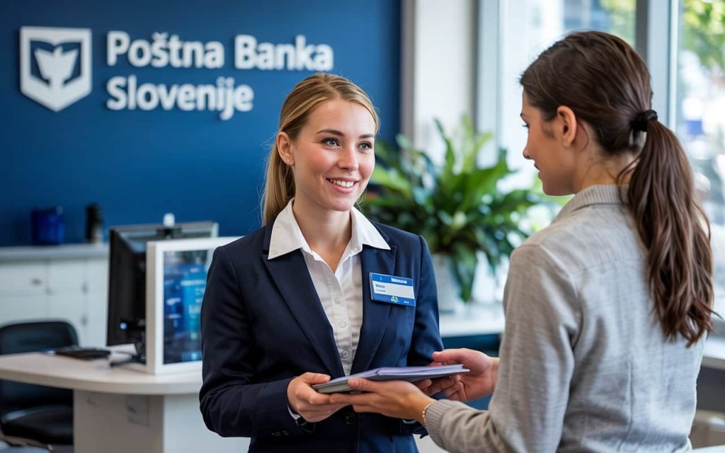 “Friendly customer service representative helping a client at Poštna banka Slovenije branch, smiling interaction”